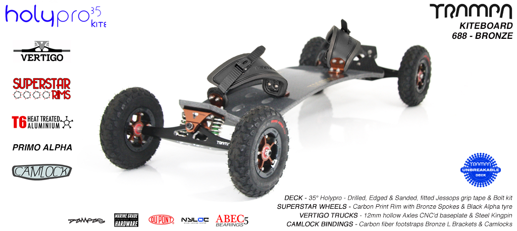 35° HOLY PRO TRAMPA Deck on VERTIGO Trucks with SUPERSTAR Wheels & CAMLOCK Bindings - 688 BRONZE KITEBOARD