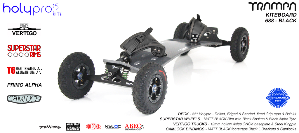 35° HOLY PRO TRAMPA Deck on VERTIGO Trucks with SUPERSTAR Wheels & CAMLOCK Bindings - 688 BLACK KITEBOARD