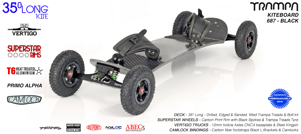 35° Long TRAMPA Deck on VERTIGO Trucks with SUPERSTAR Wheels & CAMLOCK Bindings - 687 BLACK KITEBOARD