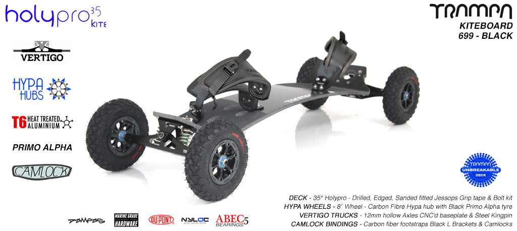 35° HOLY PRO TRAMPA Deck on VERTIGO Trucks with HYPA Wheels & CAMLOCK Bindings - 699 BLACK KITEBOARD