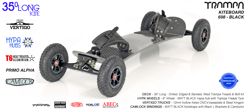 35° Long TRAMPA Deck on VERTIGO Trucks with HYPA Wheels & CAMLOCK Bindings - 698 BLACK KITEBOARD