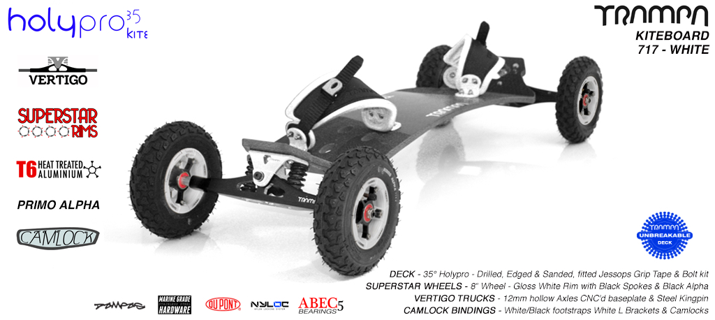 35° HOLY PRO TRAMPA Deck on VERTIGO Trucks with SUPERSTAR Wheels & CAMLOCK Bindings - 717 WHITE KITEBOARD