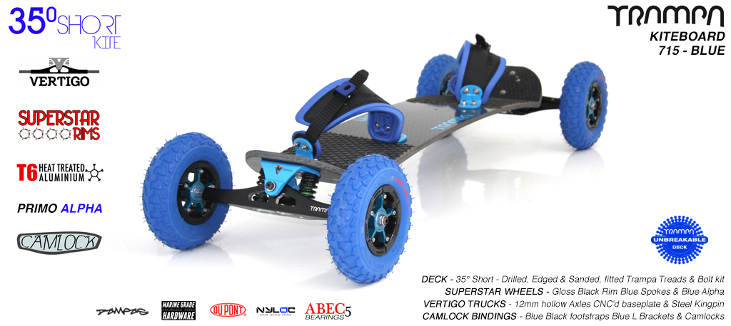 35° Short TRAMPA Deck on VERTIGO Trucks with SUPERSTAR Wheels & CAMLOCK Bindings - 715 BLUE KITEBOARD