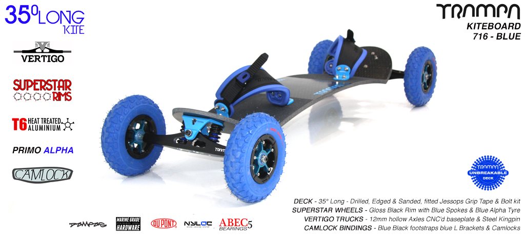 35° Long TRAMPA Deck on VERTIGO Trucks with SUPERSTAR Wheels & CAMLOCK Bindings - 716 BLUE KITEBOARD
