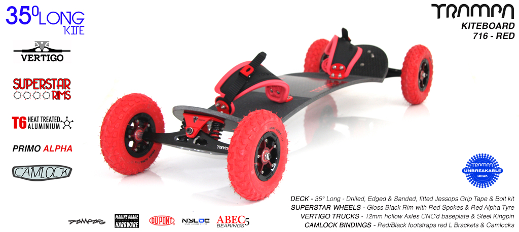 35° Long TRAMPA Deck on VERTIGO Trucks with SUPERSTAR Wheels & CAMLOCK Bindings - 716 RED KITEBOARD