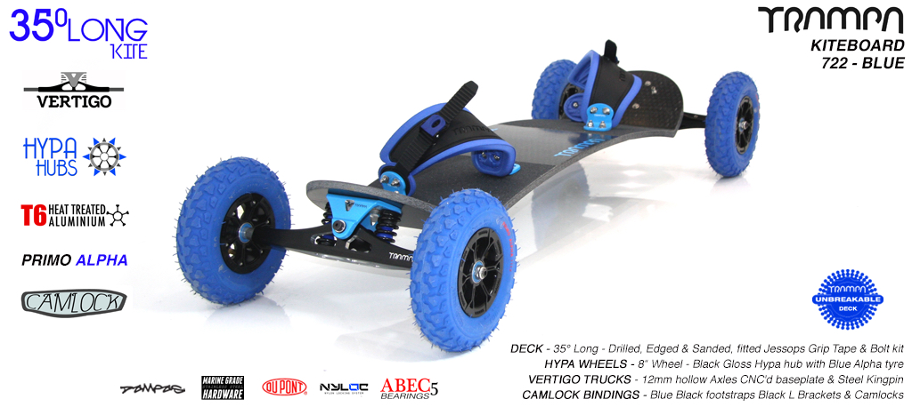 35° Long TRAMPA Deck on VERTIGO Trucks with HYPA Wheels & CAMLOCK Bindings - 722 BLUE KITEBOARD