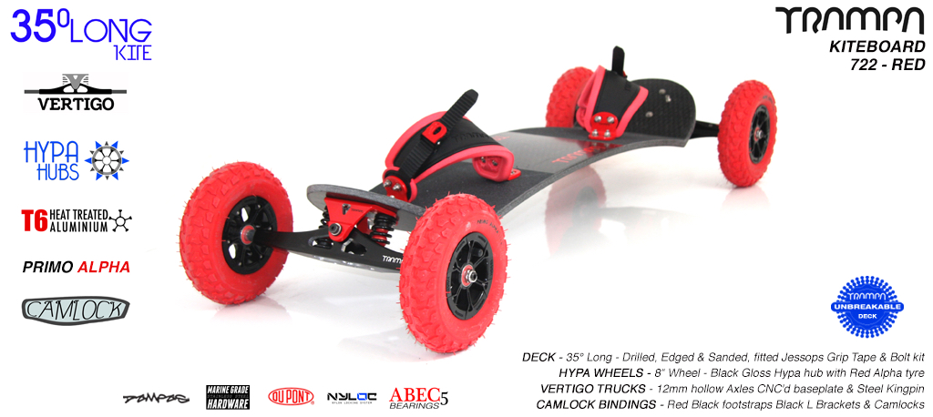 35° Long TRAMPA Deck on VERTIGO Trucks with HYPA Wheels & CAMLOCK Bindings - 722 RED KITEBOARD