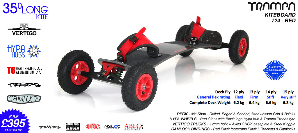 35° Short TRAMPA Deck on VERTIGO Trucks with HYPA Wheels & CAMLOCK Bindings - 724 RED KITEBOARD