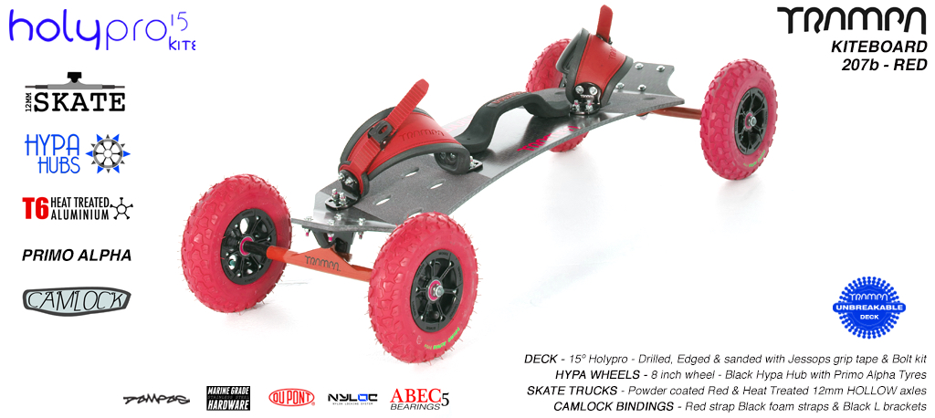 15° HOLYPRO TRAMPA Deck on 12mm HOLLOW axle Skate Trucks with HYPA wheels & CAMLOCK Bindings - 207b RED KITEBOARD