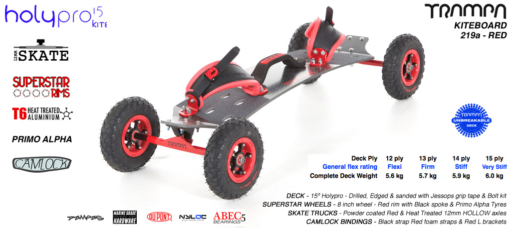 15° HOLYPRO TRAMPA Deck on 12mm HOLLOW axle Skate Trucks with SUPERSTAR wheels & CAMLOCK Bindings - 219a RED KITEBOARD