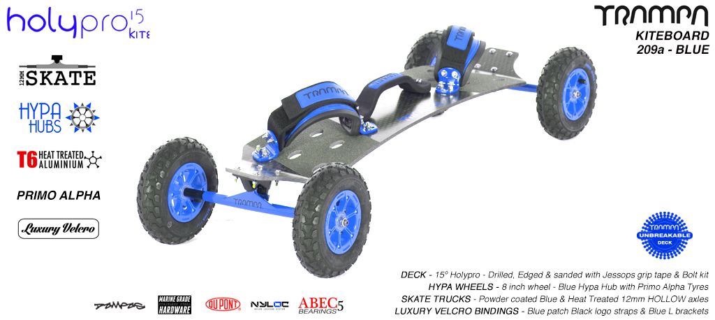 15° HOLYPRO TRAMPA Deck on 12mm HOLLOW axle Skate Trucks with HYPA wheels & LUXURY velcro Bindings - 209a BLUE KITEBOARD