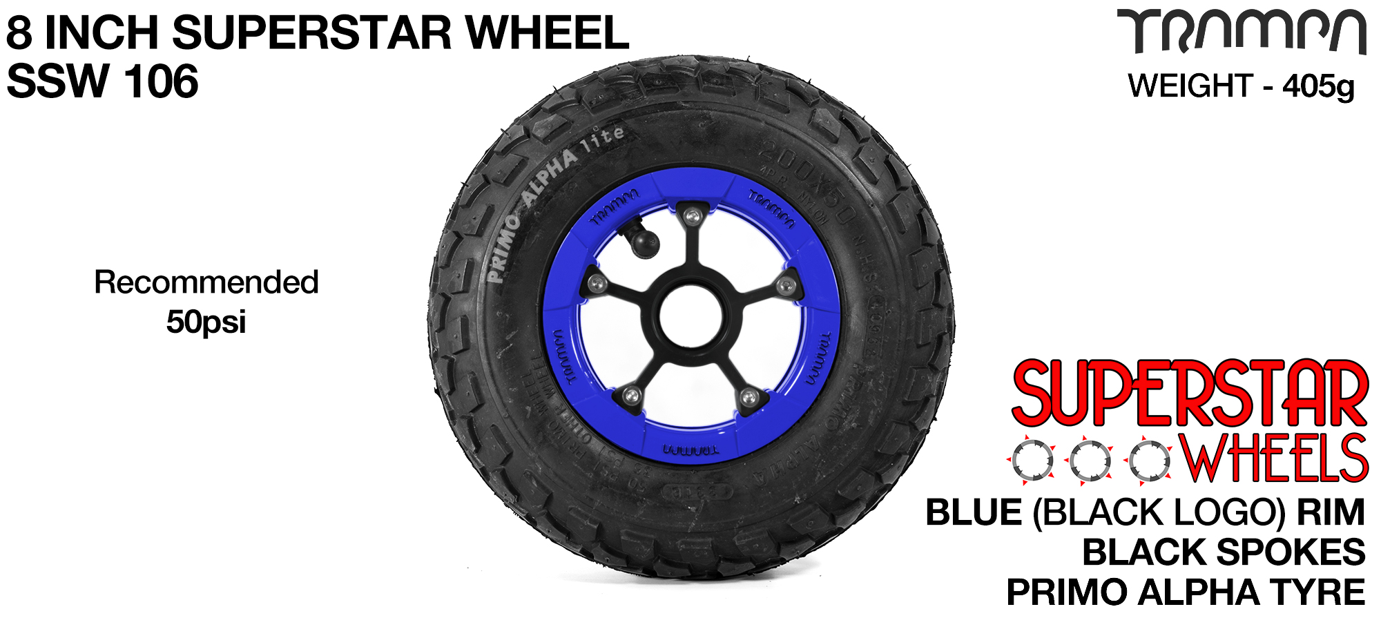 Superstar 8 inch wheels -  Blue Gloss & Black Logo Rim Black Anodised Spokes & Black Alpha 8 inch Tyre