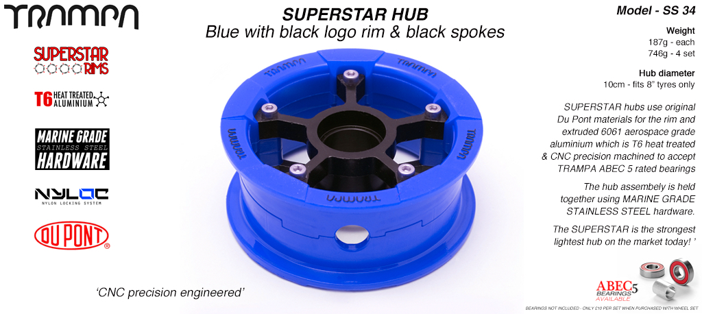 SUPERSTAR Hub 3.75 x 2 Inch - Blue Gloss Rim with Black anodised Spokes & Marine Grade Stainless Steel Bolt kit