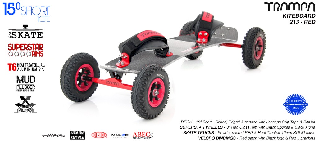 15° Short TRAMPA Deck on 12mm SOLID axle Skate Trucks with SUPERSTAR wheels & VELCRO Bindings - 213a RED KITEBOARD