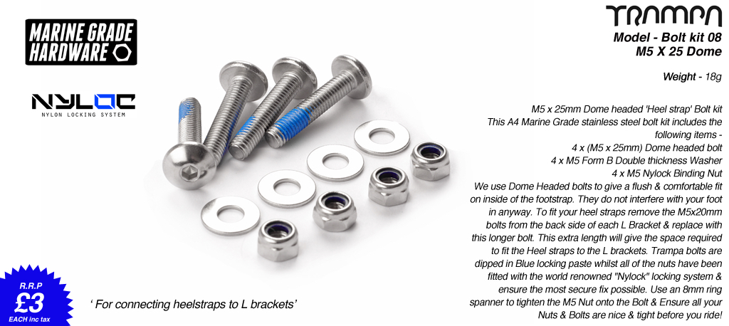 M5 x 25mm Marine grade Stainless Steel Dome Headed Bolt kit for attaching Heel Straps to All Bindings