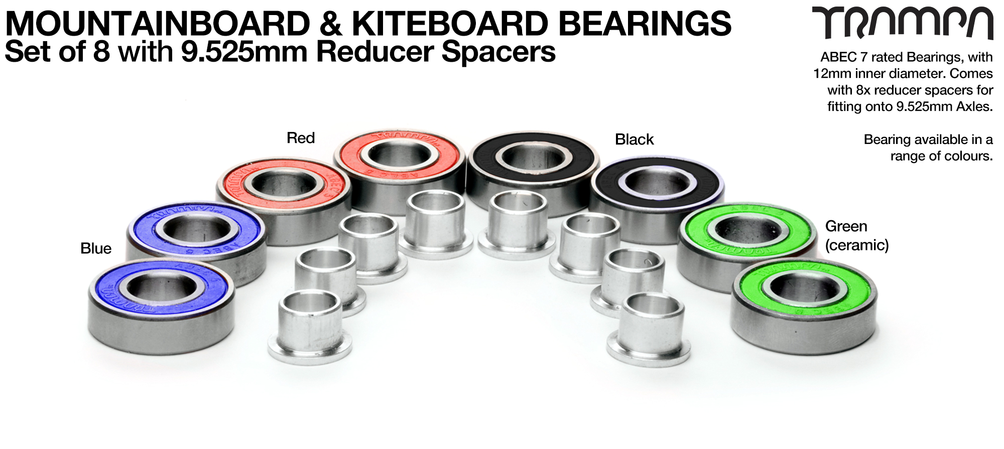 8x 12x28mm Mountainboard Bearings with 9.525mm reducer spacers