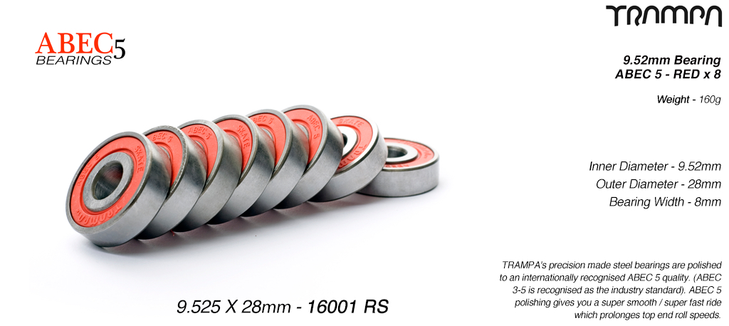 Trampa Bearings 9.525mm axle ABEC 5 rated RED Set of 8