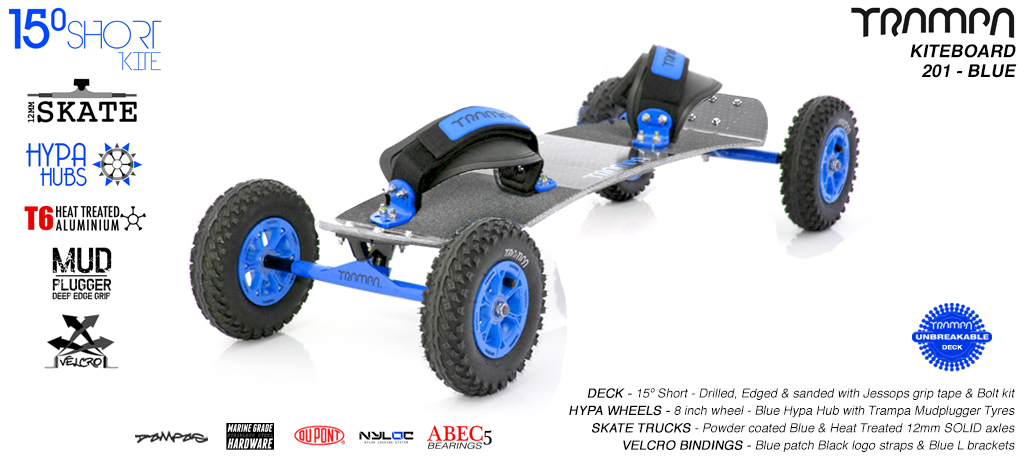 15° Short TRAMPA Deck on 12mm SOLID axle Skate Trucks with HYPA wheels & VELCRO Bindings - 201a BLUE KITEBOARD