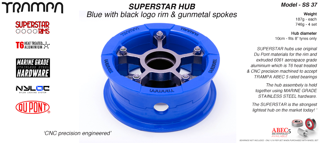 SUPERSTAR Hub 3.75 x 2 Inch - Blue Gloss & Black Logo Rim with Gunmetal anodised Spokes & Marine Grade Stainless Steel Bolt kit