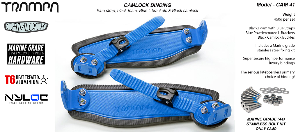 Camlock Bindings - Blue straps on Black Foam with Blue L Brackets & Black Camlocks 