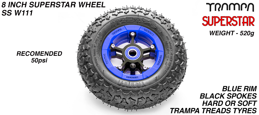 Superstar 8 inch wheels -  Blue & Black Logo Rim Black Anodised spokes & TRAMPA TREAD 8 inch Tyre