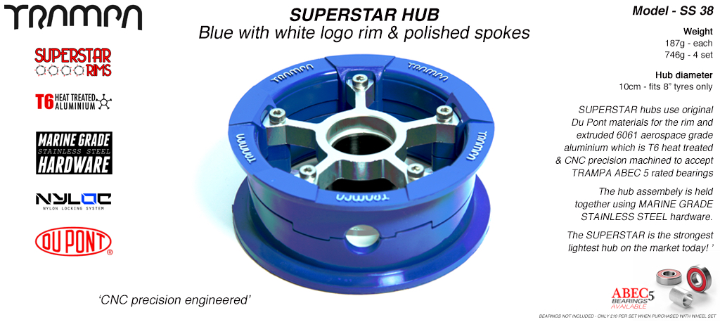 SUPERSTAR Hub 3.75 x 2 Inch - Blue Gloss & White Logo Rim with Silver anodised Spokes & Marine Grade Stainless Steel Bolt kit