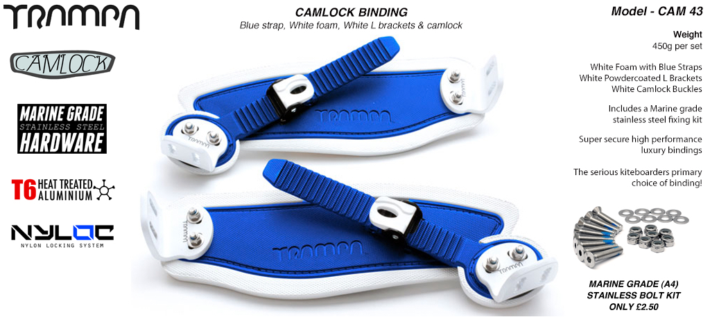 Camlock Bindings - Blue straps on White Foam with White L Brackets & White Camlocks