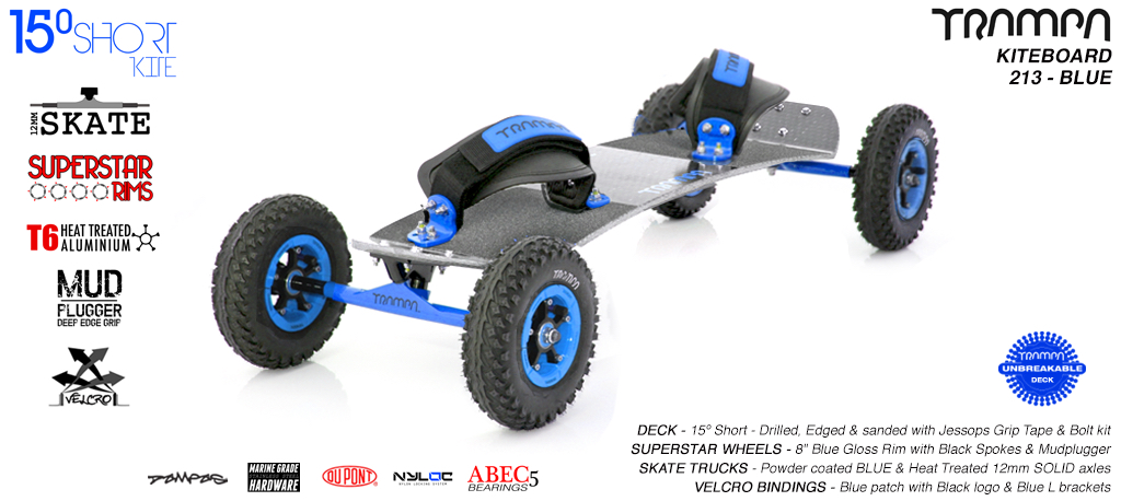 15° Short TRAMPA Deck on 12mm SOLID axle Skate Trucks with SUPERSTAR wheels & VELCRO Bindings - 213a BLUE KITEBOARD