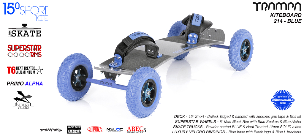 15° Short TRAMPA Deck on 12mm SOLID axle Skate Trucks with SUPERSTAR wheels & VELCRO Bindings - 213b BLUE KITEBOARD