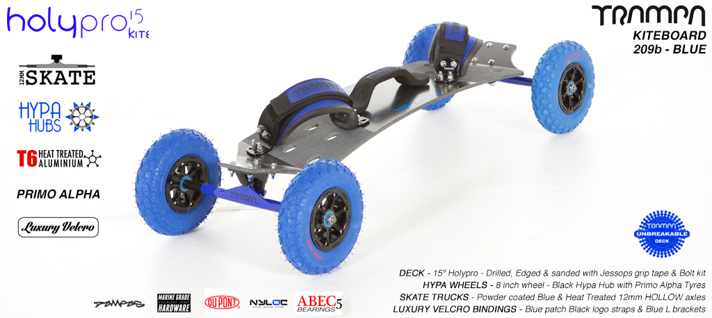 15° HOLYPRO TRAMPA Deck on 12mm HOLLOW axle Skate Trucks with HYPA Wheels & LUXURY velcro BINDINGS - 209b BLUE KITEBOARD