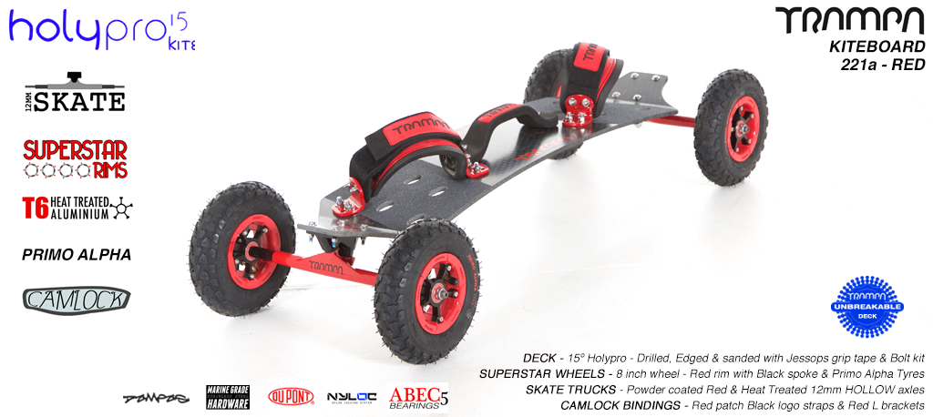 15° HOLYPRO TRAMPA Deck on 12mm HOLLOW axle Skate Trucks with SUPERSTAR Wheels & LUXURY velcro Bindings - 221a RED KITEBOARD