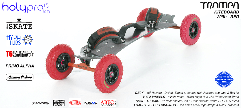 15° HOLYPRO TRAMPA Deck on 12mm HOLLOW axle Skate Trucks with HYPA Wheels & LUXURY velcro BINDINGS - 209b RED KITEBOARD