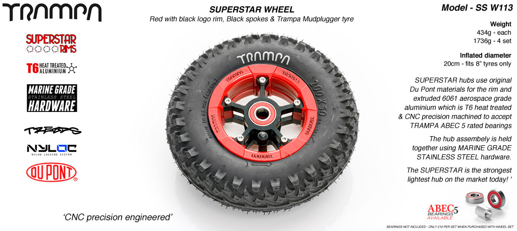 Superstar 8 inch wheels -  Red & Black Logo Rim Black Anodised spokes & Black MudPlugger 8 inch Tyre