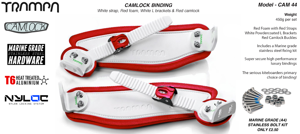 Camlock Bindings - White straps on Red Foam, White L Brackets & White Camlocks