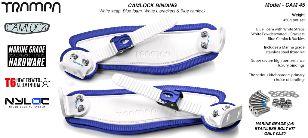 Camlock Bindings - White straps on Blue Foam with White L Brackets & White Camlocks 