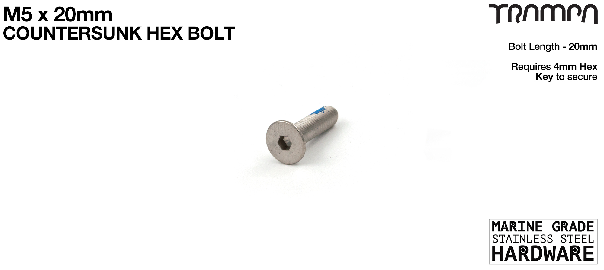 M5 x 20mm Countersunk Allen-Key Bolt - Marine Grade Stainless steel with locking paste