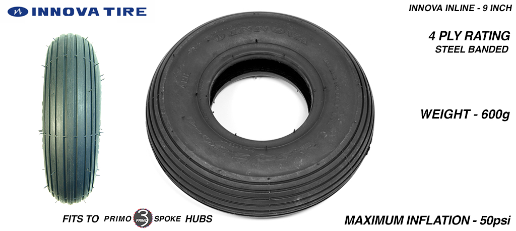 9 Inch INNOVA INLINE - High Pressure Speed Tyre - 4x 2.5x 9 Inch Tyre BLACK fits 4 Inch Rims