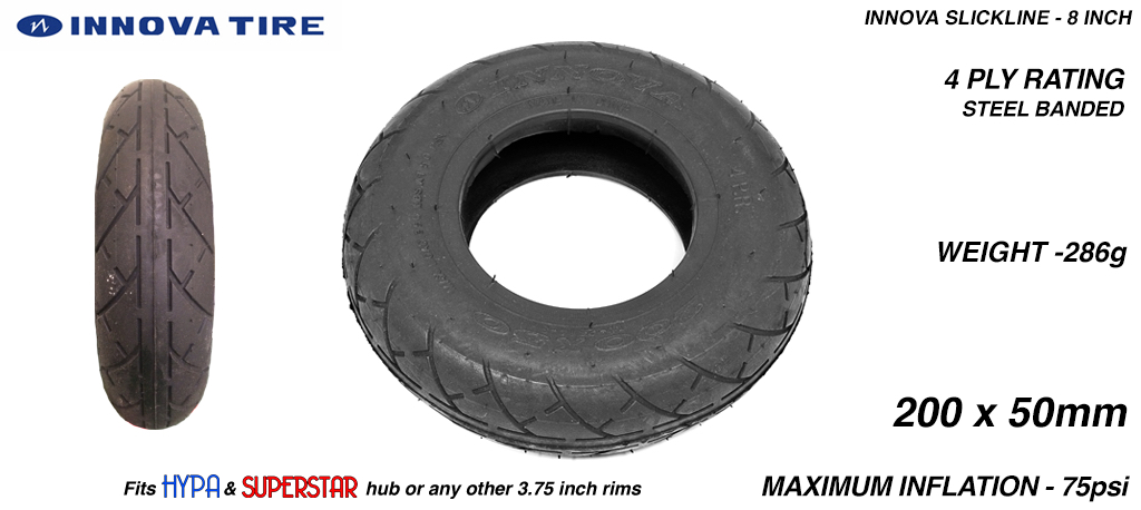 SLICK CUT 8 inch Tyre measure 3.75x 2x 8 Inch or 200x50mm with 3.75 inch Rim fits all 3.75 inch Hubs KEVLAR Banded - BLACK