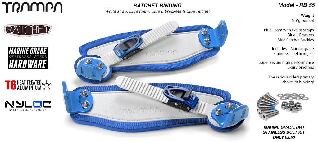 Ratchet Bindings - WHITE straps on BLUE Foam with BLUE L Brackets & BLUE Ratchets
