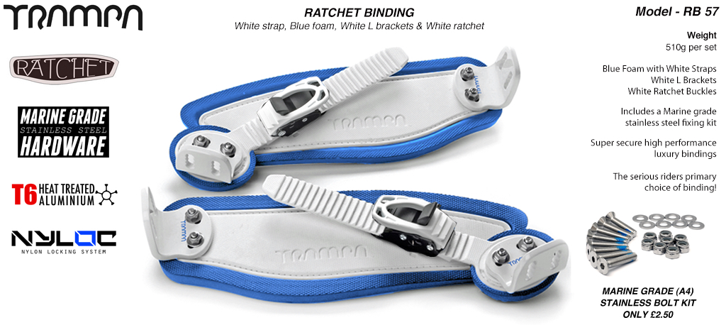 Ratchet Bindings - WHITE straps on BLUE Foam with WHITE L Brackets & WHITE Ratchets