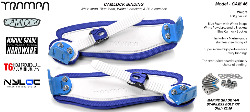 Camlock Bindings - White straps on Blue Foam with Blue L Brackets & Blue Camlocks