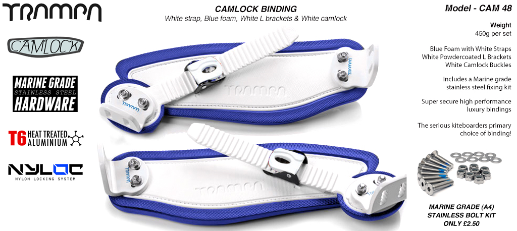 Camlock Bindings - White straps on Blue Foam with Blue L Brackets & White Camlocks