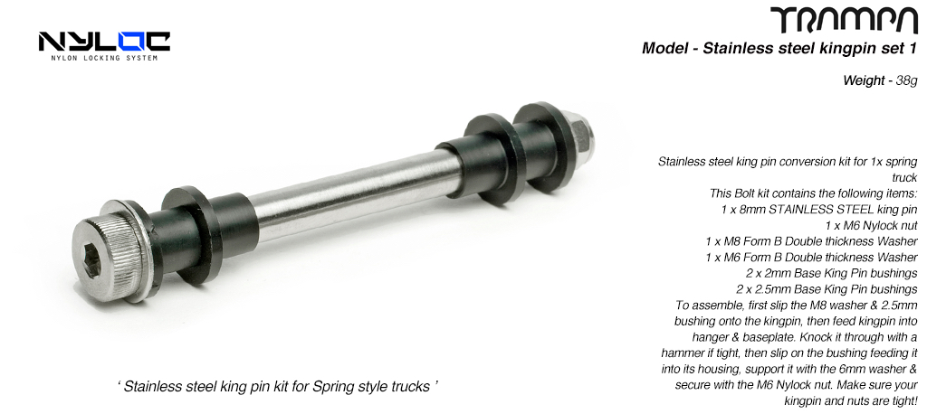 M8 x 80mm STAINLESS STEEL Kingpin Kit for all Spring Trucks
