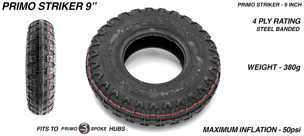PRIMO STRIKER 9 Inch Tyre 4PR - BLACK Fits 4 Inch Rims - 4x 2.5x 9 Inch Tyre
