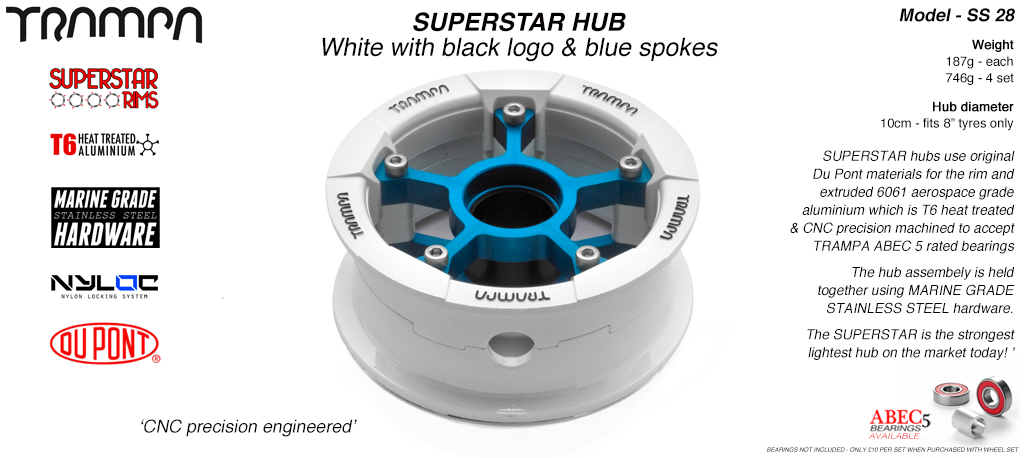 SUPERSTAR Hub 3.75 x 2 Inch - White Gloss & Black logo Rim with Blue anodised Spokes & Marine Grade Stainless Steel Bolt kit