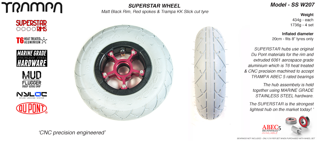 Superstar 8 inch wheels - Matt Black Superstar Rim with Red Anodised spokes & Grey SLICK cut 8 inch Tyre