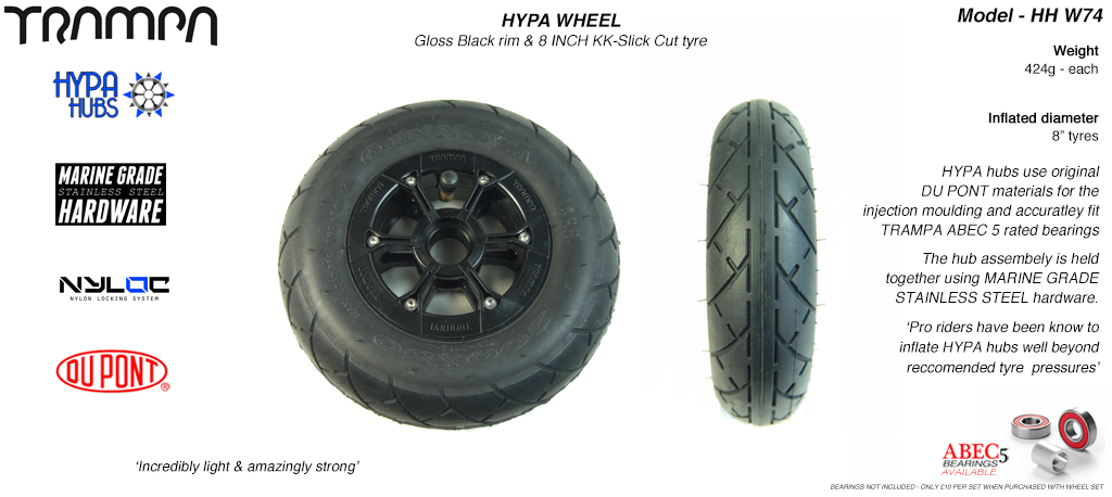 8 Inch Wheel - Matt Black Hypa Hub with Black KK Slickcut 8 Inch Tyre 