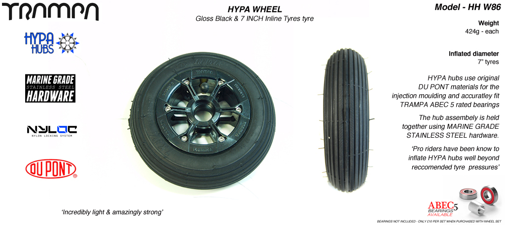 7 Inch Wheel - Gloss Black Hypa Hub with Black Inline 7 Inch Tyre