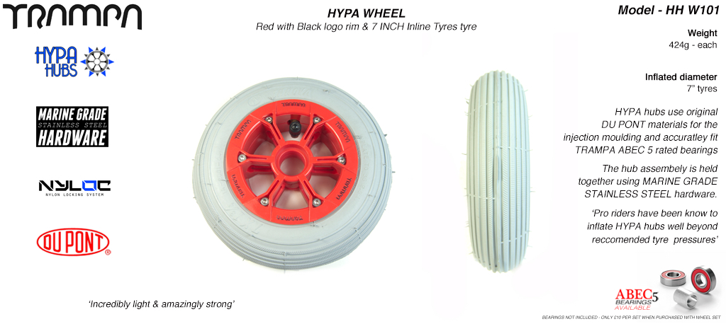 7 Inch Wheel - Red with Black Logo Hypa Hub with Grey Inline 7 Inch Tyre 