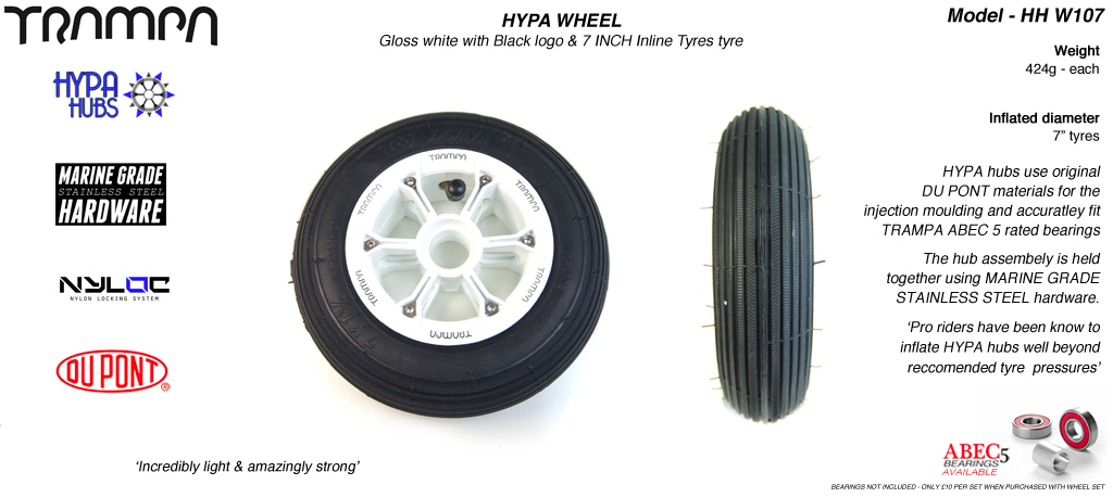7 Inch Wheel - White Gloss with Black Logo Hypa hub & Black Inline 7 inch Tyre